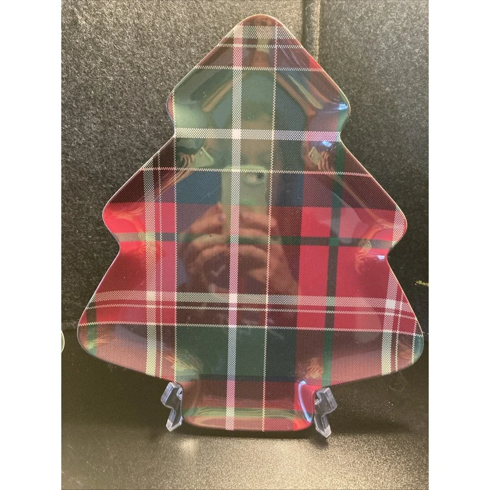 TOMMY BAHAMA Set Of 2 Christmas Tree PLAID Tartan SERVING PLATTER TRAY Melamine